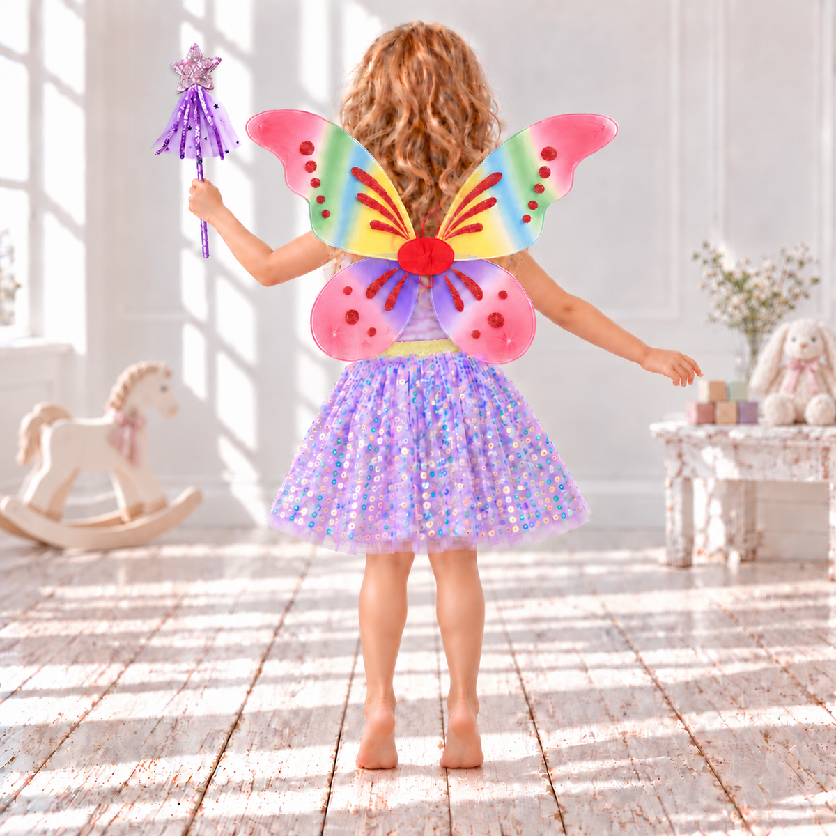 Rainbow Wish Fairy Wings with Lilac Sequin Skirt & Purple Wand