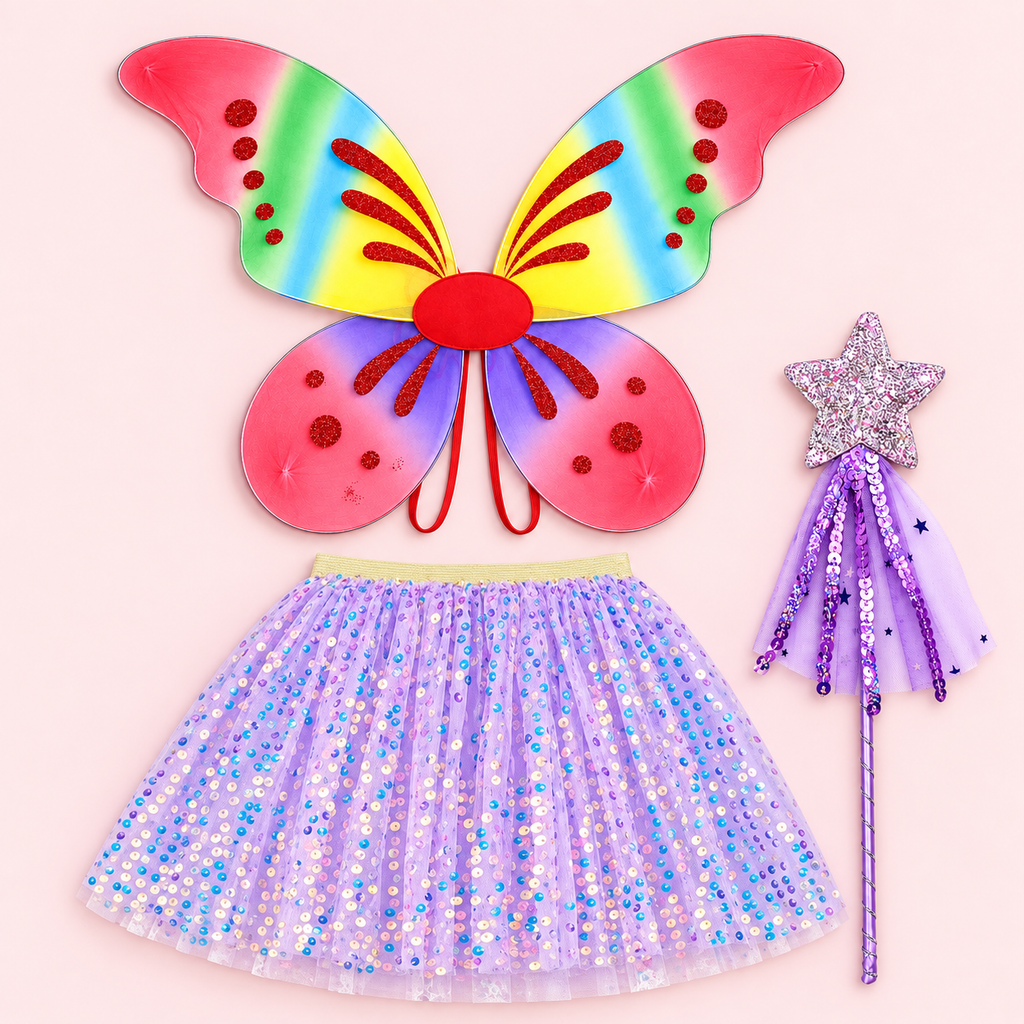 Rainbow Wish Fairy Wings with Lilac Sequin Skirt & Purple Wand