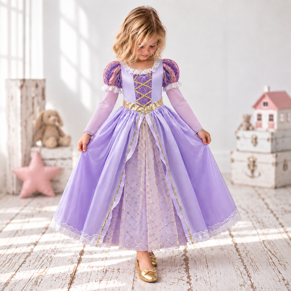 Front view of a purple Rapunzel-inspired girls’ princess dress with long sleeves, patterned puff shoulders, gold ribbon lacing, a gold waistband and a full skirt with a gold lattice centre panel.