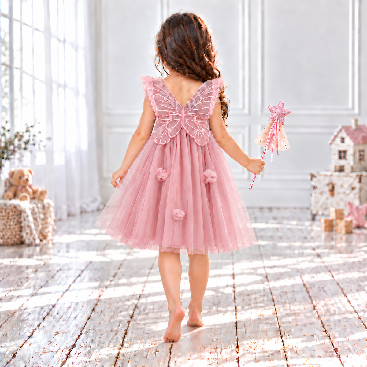 Dusky Rose Fairy Dress for Girls with Butterfly Wings for Babies and Little Girls