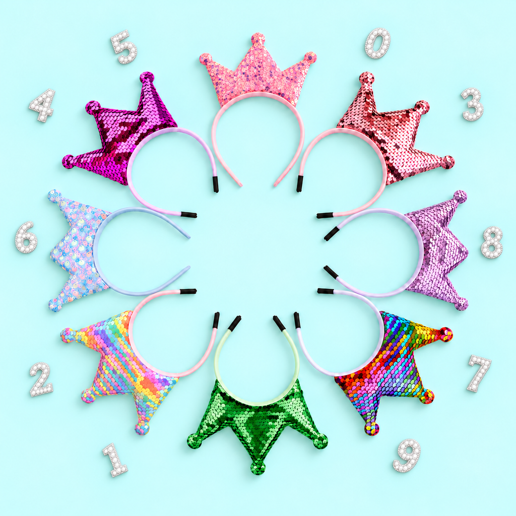 Personalised Sequin Birthday Crown Headband – 8 Colours & White Pearl Numbers