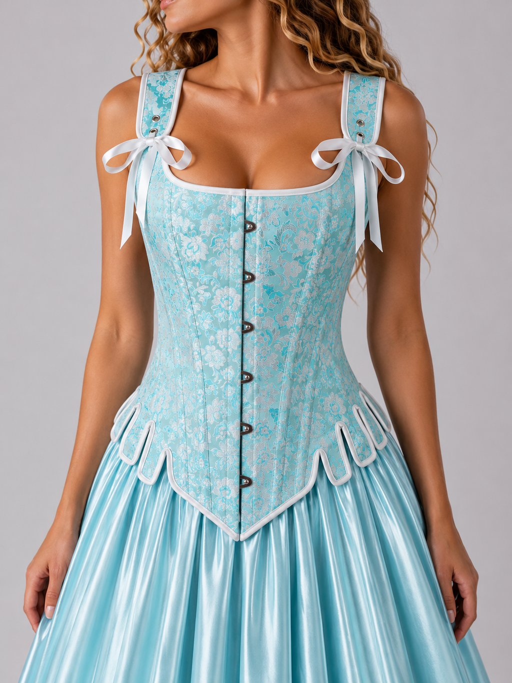 Overbust Corset. Beautiful Powder Blue and White  Square Neck Corset. Lace tie-up back Boned Corset, Renaissance Corset  Fair, Steampunk.