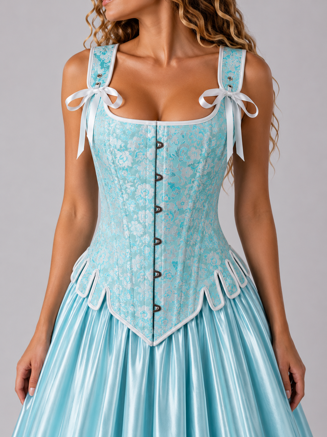 Overbust Corset. Beautiful Powder Blue and White  Square Neck Corset. Lace tie-up back Boned Corset, Renaissance Corset  Fair, Steampunk.