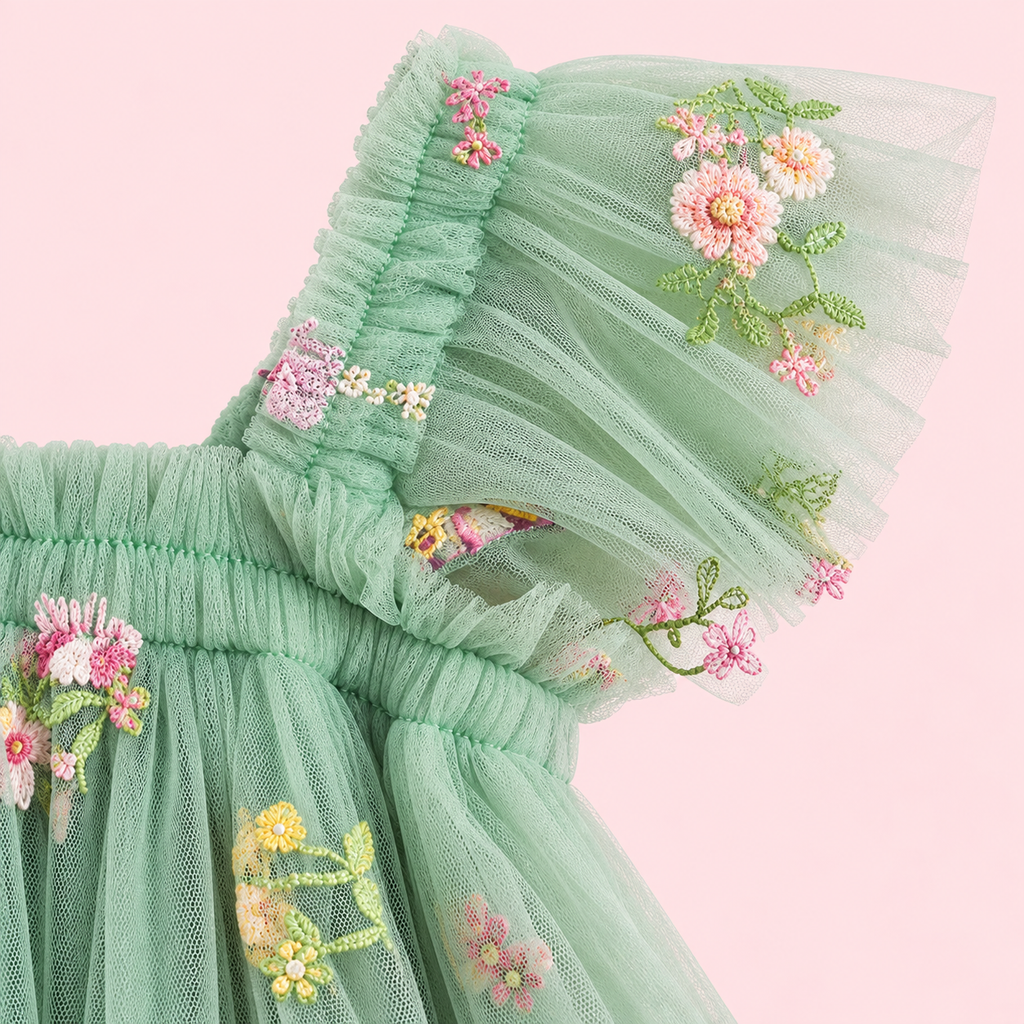 Enchanting Forest Fairy Dress for Girls | Sage Green Embroidered Tulle Dress with Butterfly Wings.