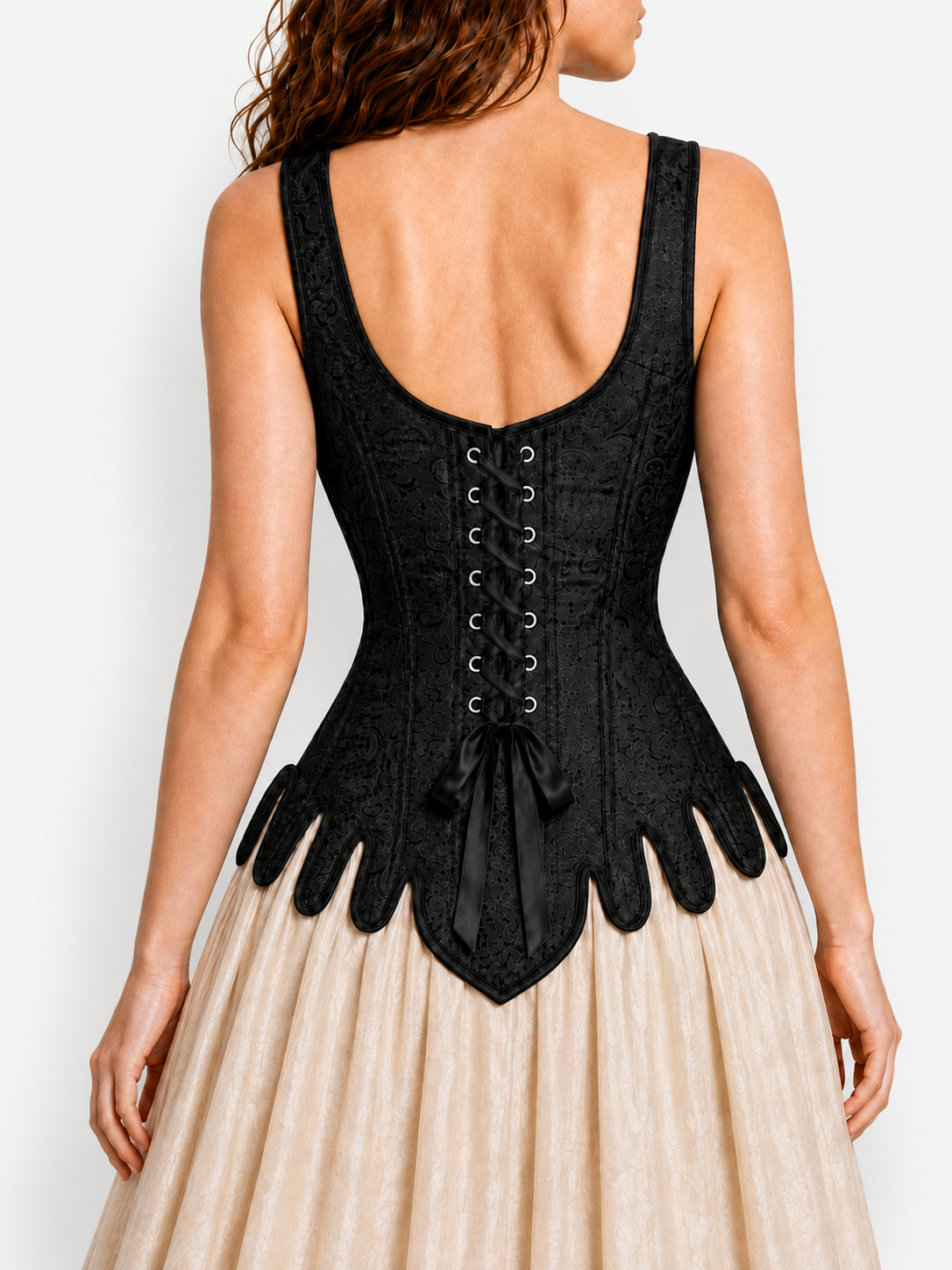 Midnight Floral Corset -   Black Jacquard Overbust Corset – Medieval Renaissance Fair Gothic Lace Back