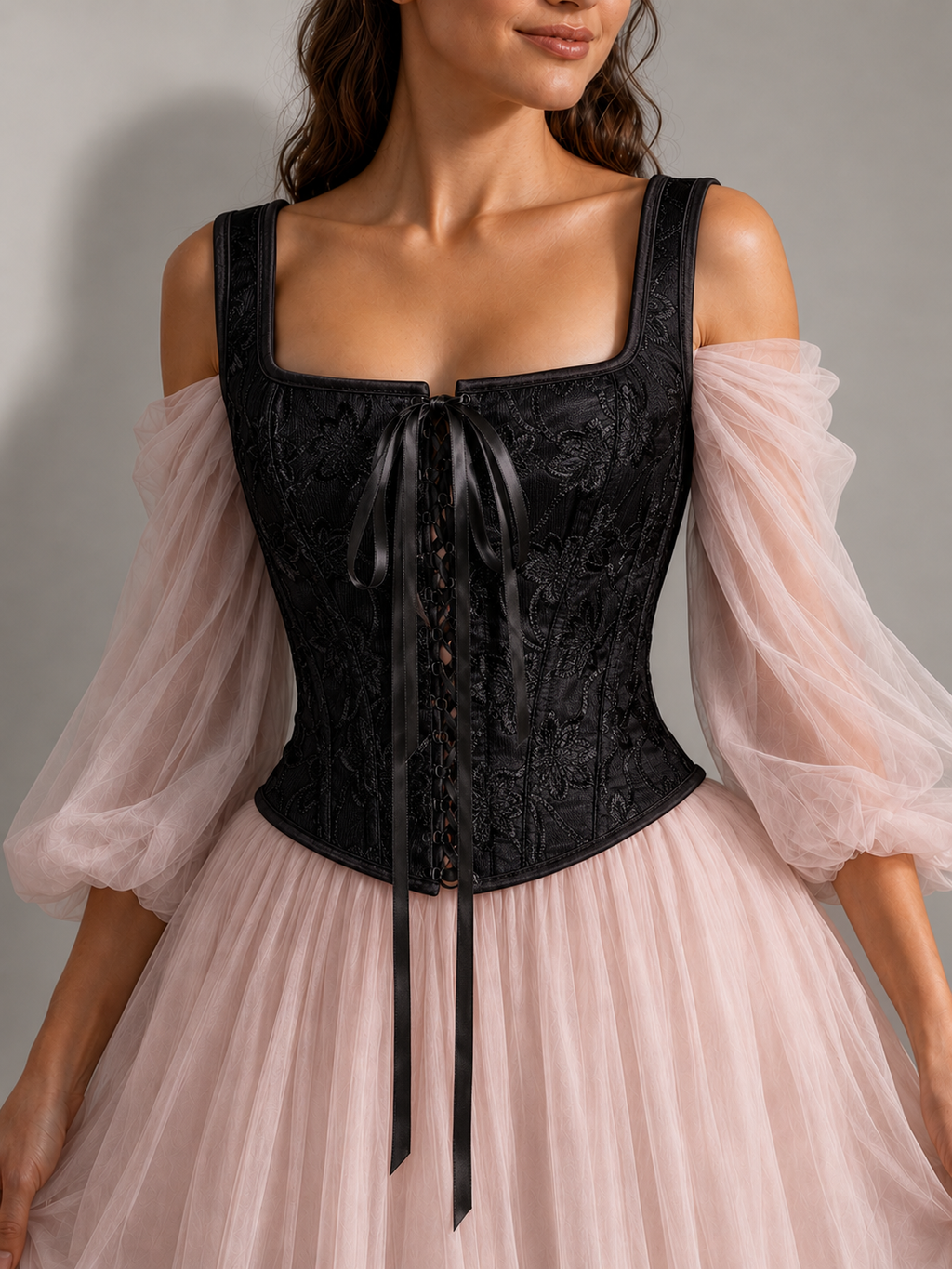 Overbust Corset. Black Floral Embroidery Square Neck Tie Front and back Boned Corset, Renaissance Corset  Fair, Music Festival