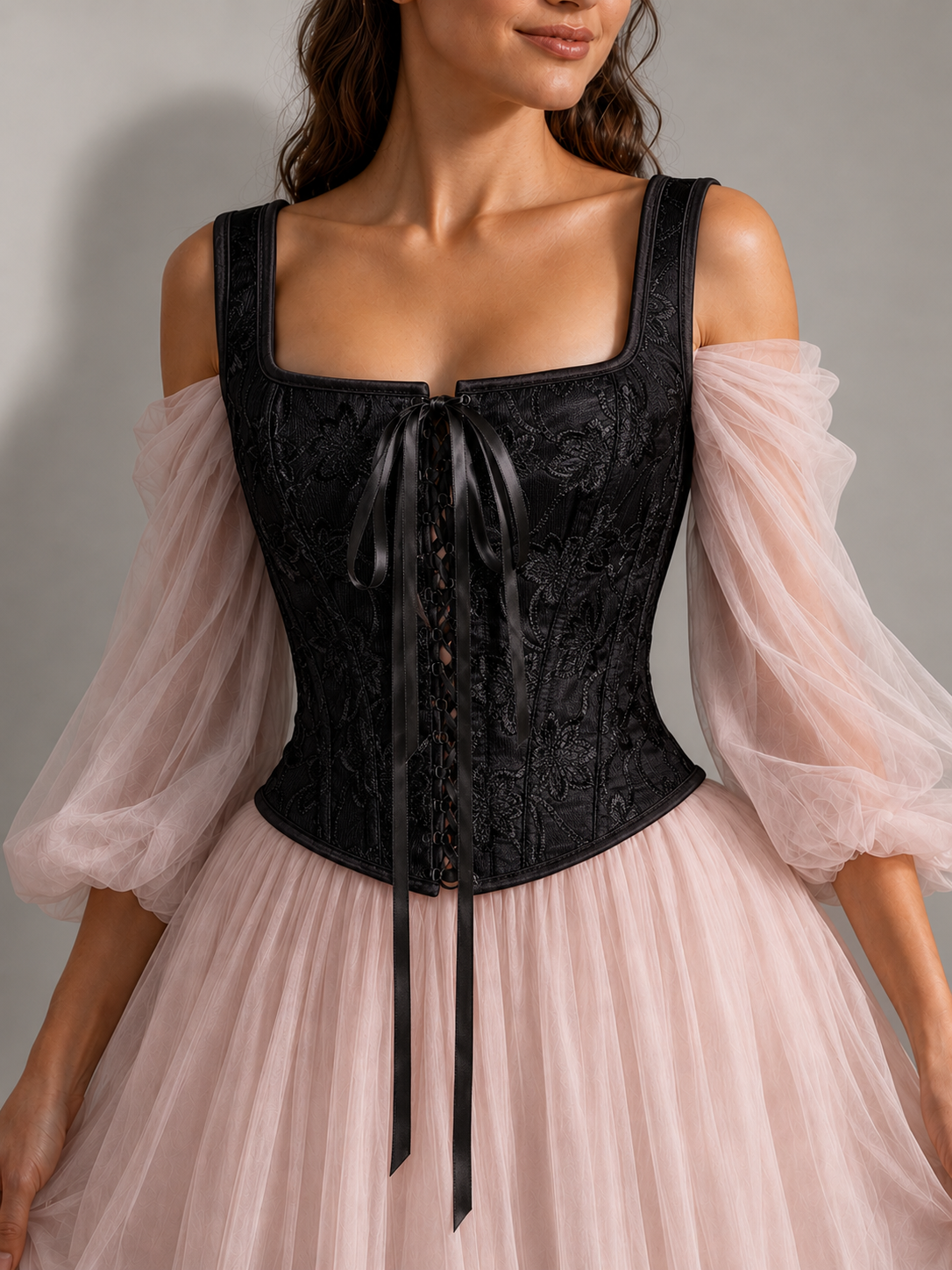 Overbust Corset. Black Floral Embroidery Square Neck Tie Front and back Boned Corset, Renaissance Corset  Fair, Music Festival