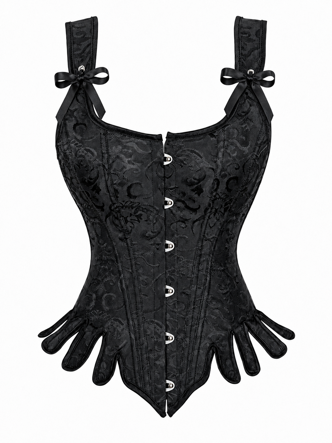 Midnight Floral Corset -   Black Jacquard Overbust Corset – Medieval Renaissance Fair Gothic Lace Back