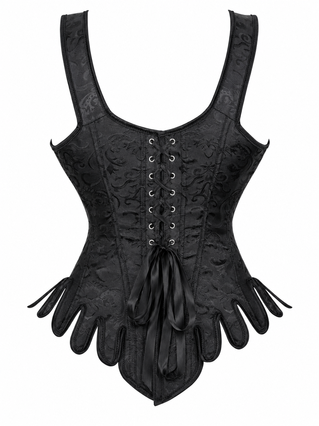 Midnight Floral Corset -   Black Jacquard Overbust Corset – Medieval Renaissance Fair Gothic Lace Back