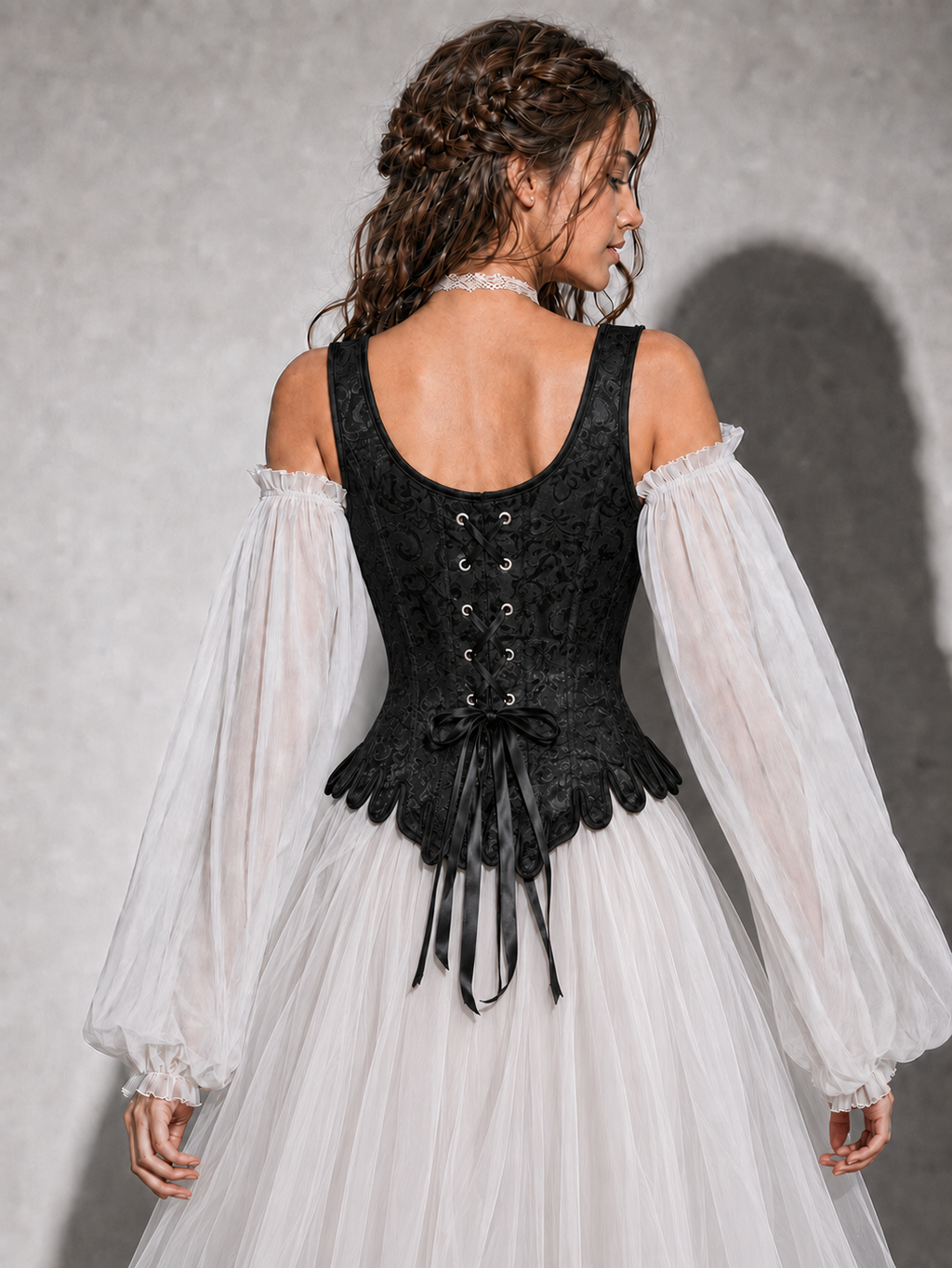Midnight Floral Corset -   Black Jacquard Overbust Corset – Medieval Renaissance Fair Gothic Lace Back