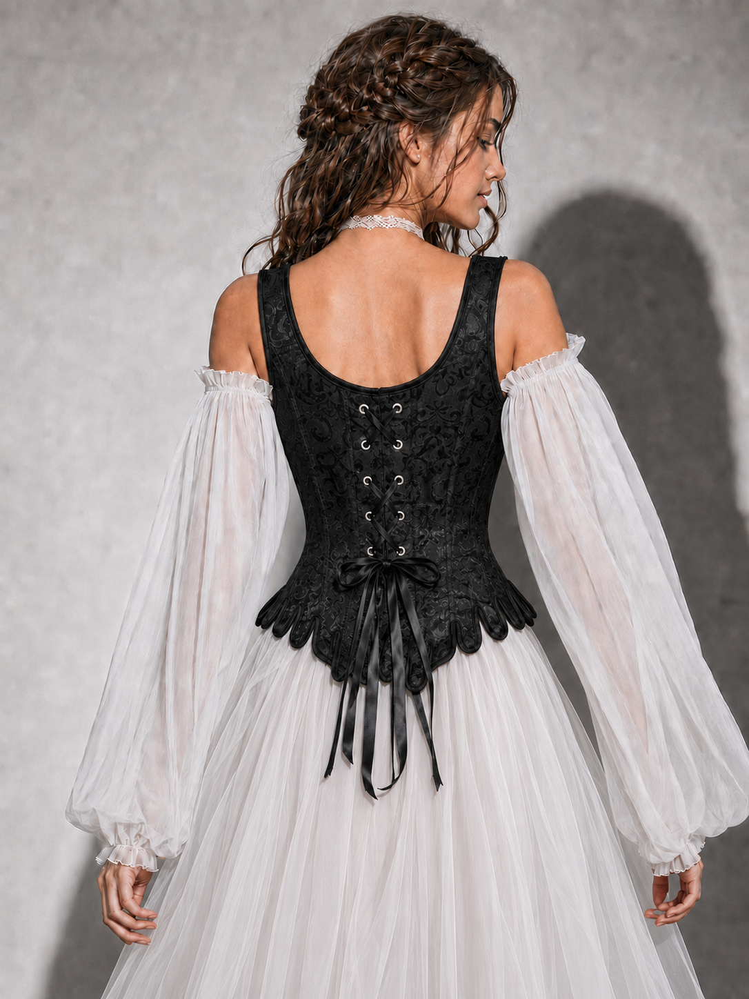 Midnight Floral Corset -   Black Jacquard Overbust Corset – Medieval Renaissance Fair Gothic Lace Back