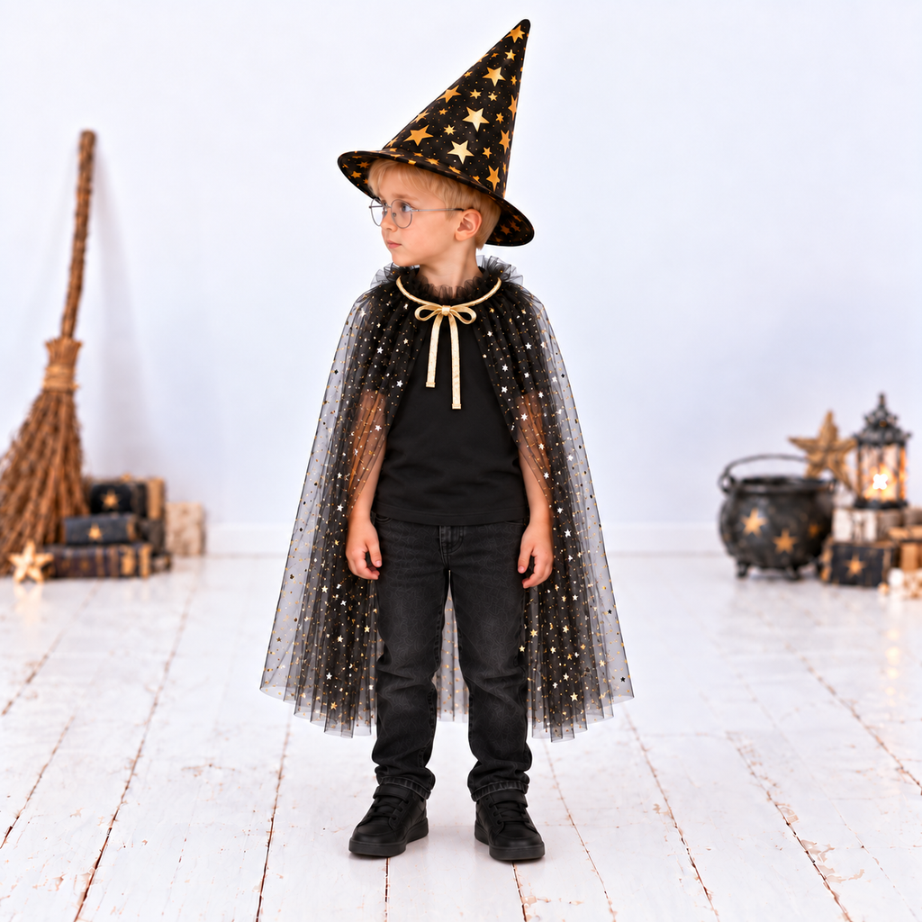 Boys and Girl’s Starry Witch and Wizard Costume Set | Black Tulle Tutu & Gold Star Cloak