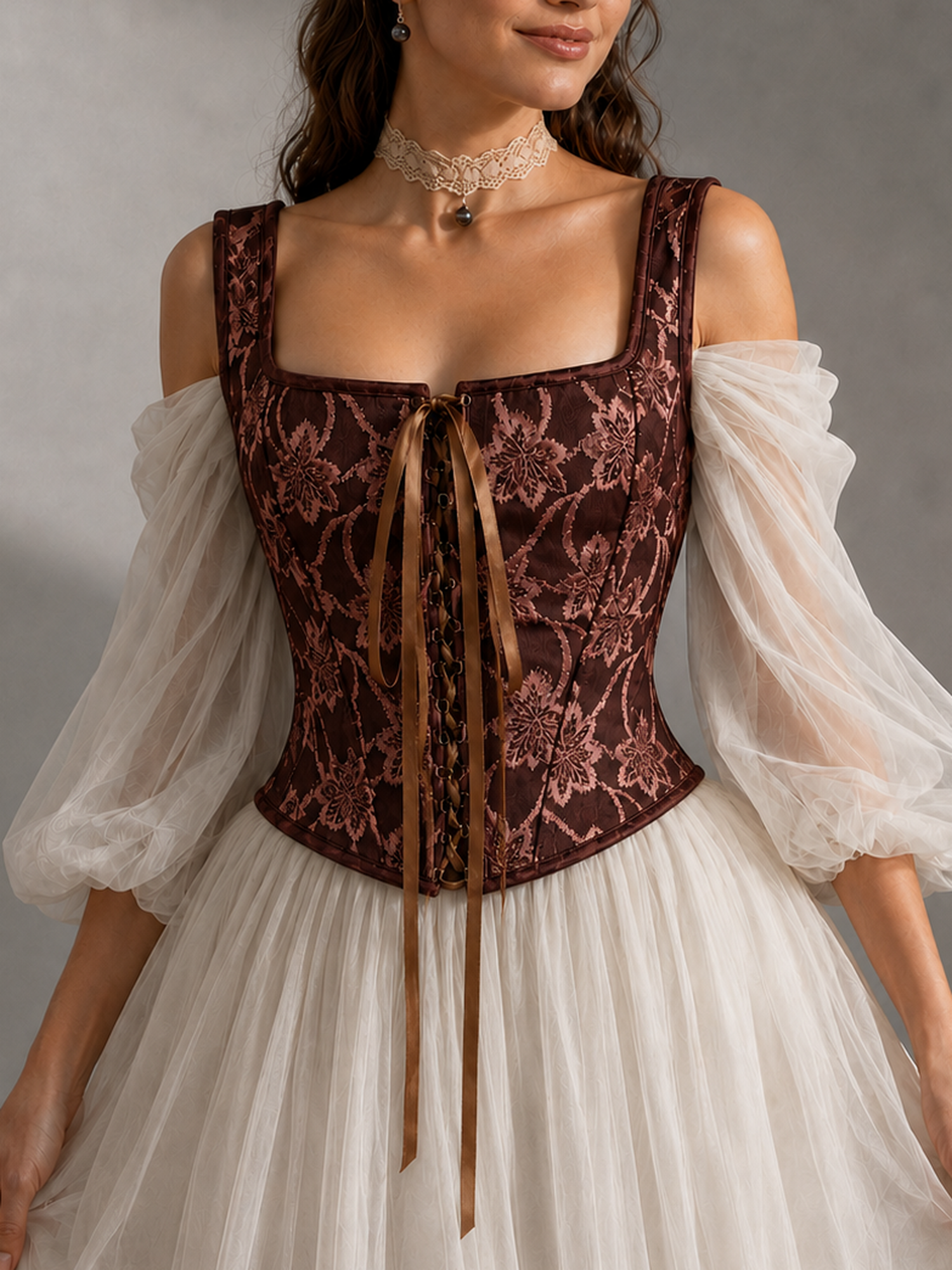 Overbust Corset. Beautiful Chocolate Brown Floral Print Square Neck Boned Corset. Lace tie-up front and back, Renaissance Corset  Fair, Steampunk.