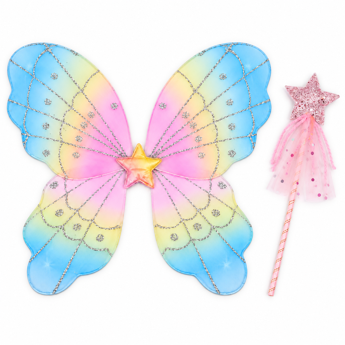 Girls’ Pastel Fairy Wings, Pink Star Tutu & Wand, Butterfly Fairy Dress-Up Set