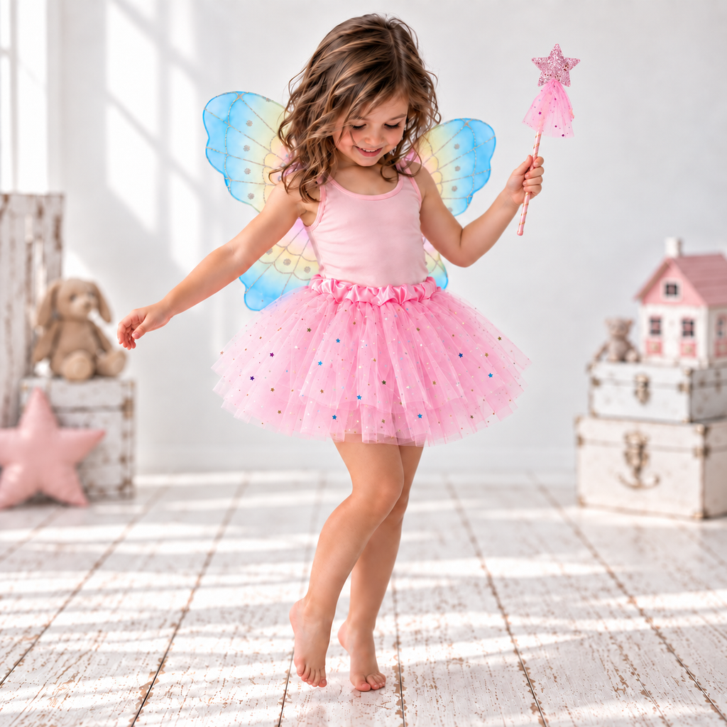 Girls’ Pastel Fairy Wings, Pink Star Tutu & Wand, Butterfly Fairy Dress-Up Set