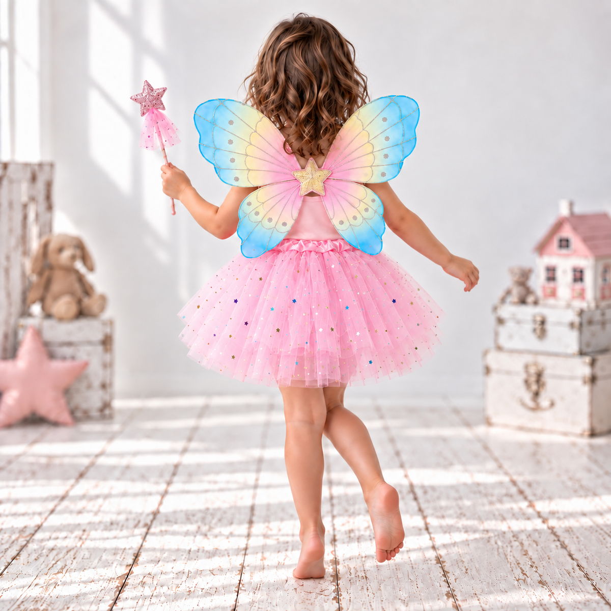 Girls’ Pastel Fairy Wings, Pink Star Tutu & Wand, Butterfly Fairy Dress-Up Set