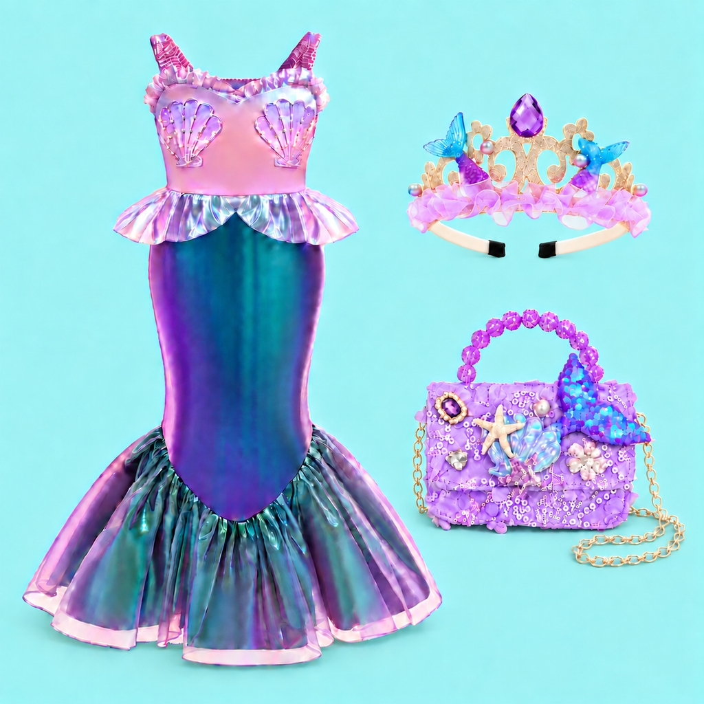 Girls’ Iridescent Mermaid Dress | Purple & Teal Costume with Optional Crown and Bag