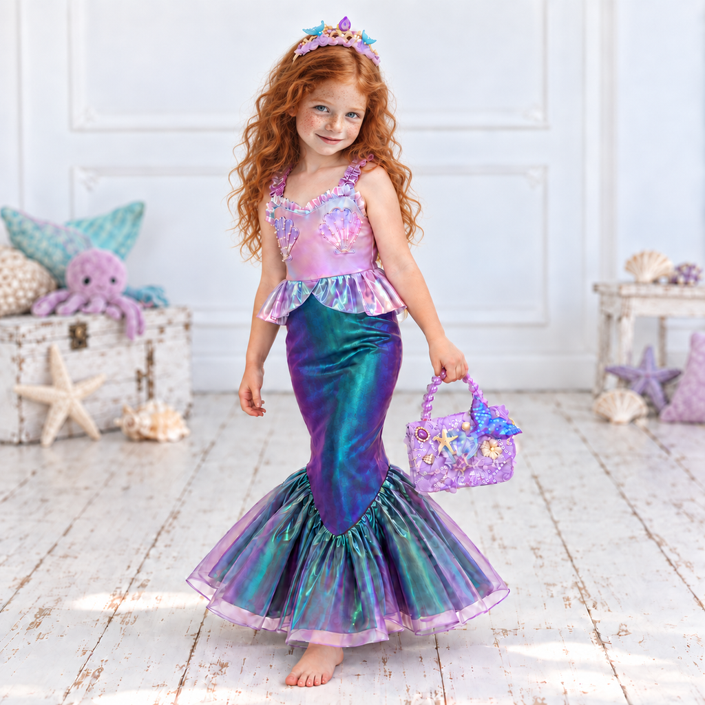 Girls’ Iridescent Mermaid Dress | Purple & Teal Costume with Optional Crown and Bag