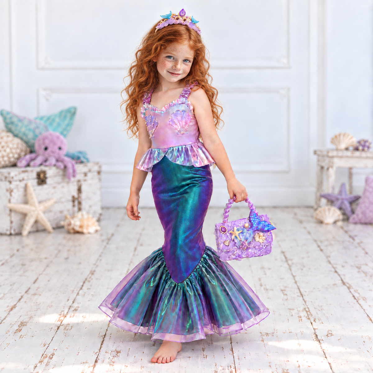Girls’ Iridescent Mermaid Dress | Purple & Teal Costume with Optional Crown and Bag
