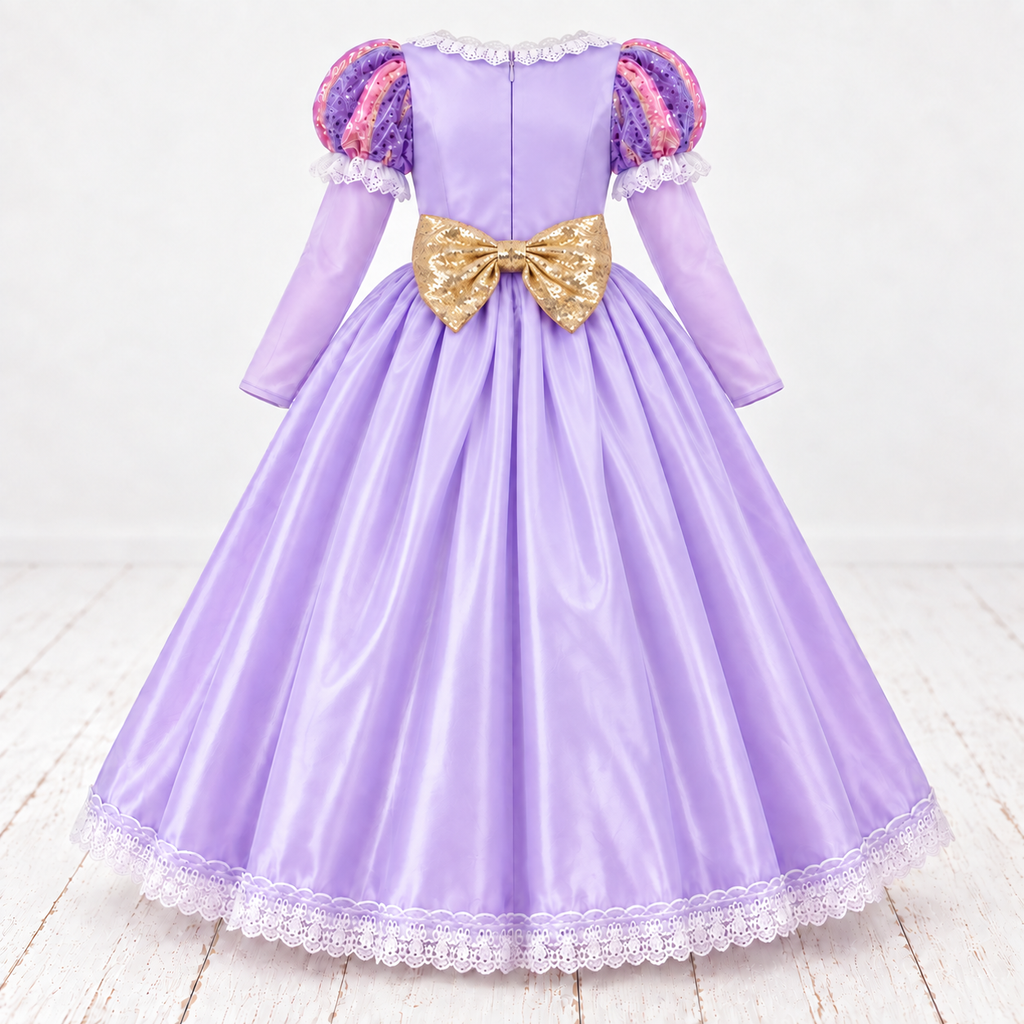 Back view of a lavender girls’ princess costume with patterned puff sleeves, long sleeves, a centre zip, full satin-look skirt, white lace-trimmed hem and a large gold sequin bow at the waist.