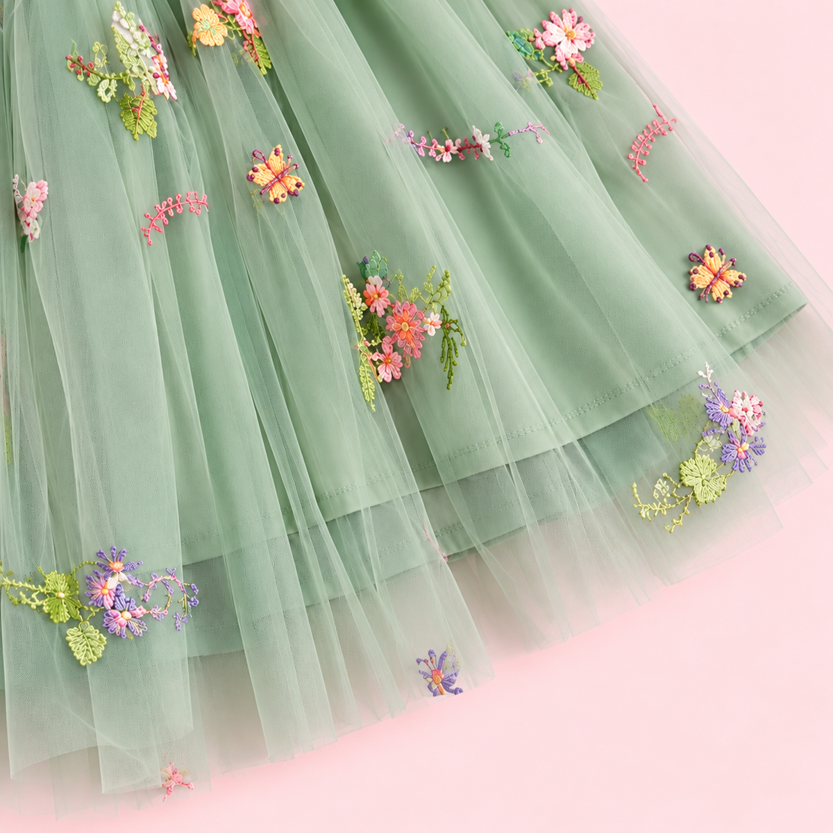 Enchanting Forest Fairy Dress for Girls | Sage Green Embroidered Tulle Dress with Butterfly Wings.