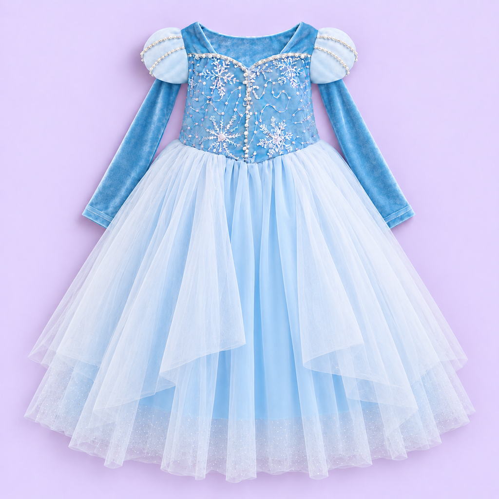  Elsa-inspired sky-blue princess dress in a white studio. The Frozen-inspired costume has a snowflake-embroidered bodice, pearl-trimmed white puff sleeves, long blue sleeves and a full skirt of fine white net over blue fabric. Her lower legs show faintly through the sheer hem.