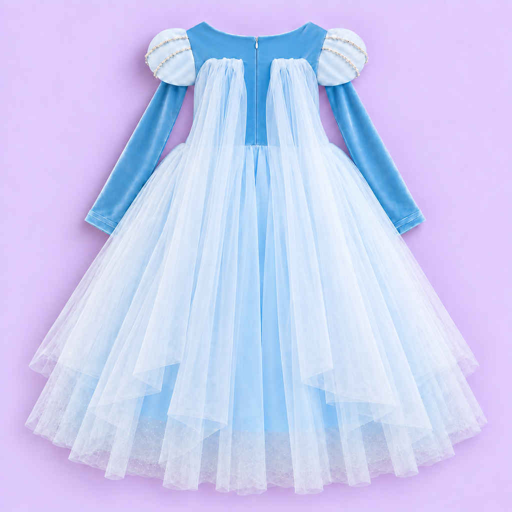  Elsa-inspired sky-blue princess dress in a white studio. The Frozen-inspired costume has a snowflake-embroidered bodice, pearl-trimmed white puff sleeves, long blue sleeves and a full skirt of fine white net over blue fabric. Her lower legs show faintly through the sheer hem.