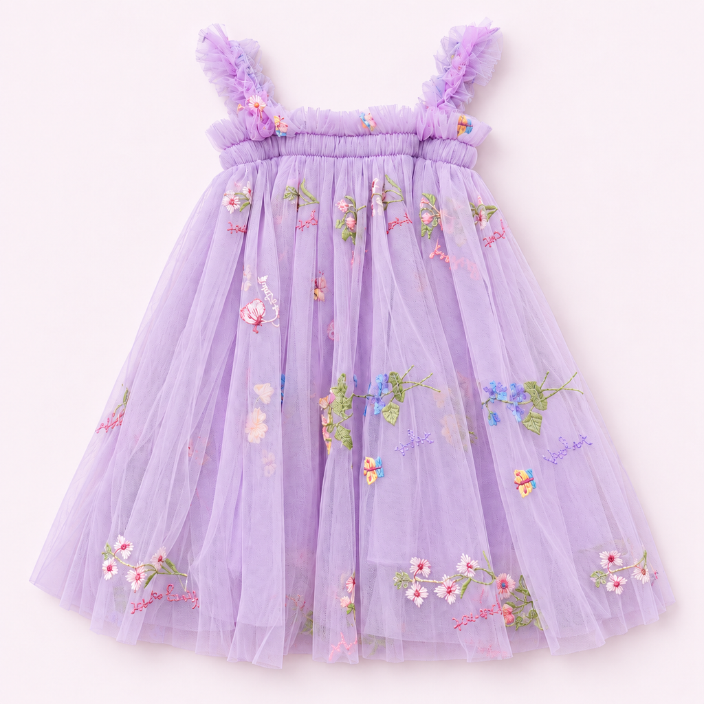 Girls’ Lilac Floral Embroidered Tulle Dress with Optional Fairy Wings for Babies and Children