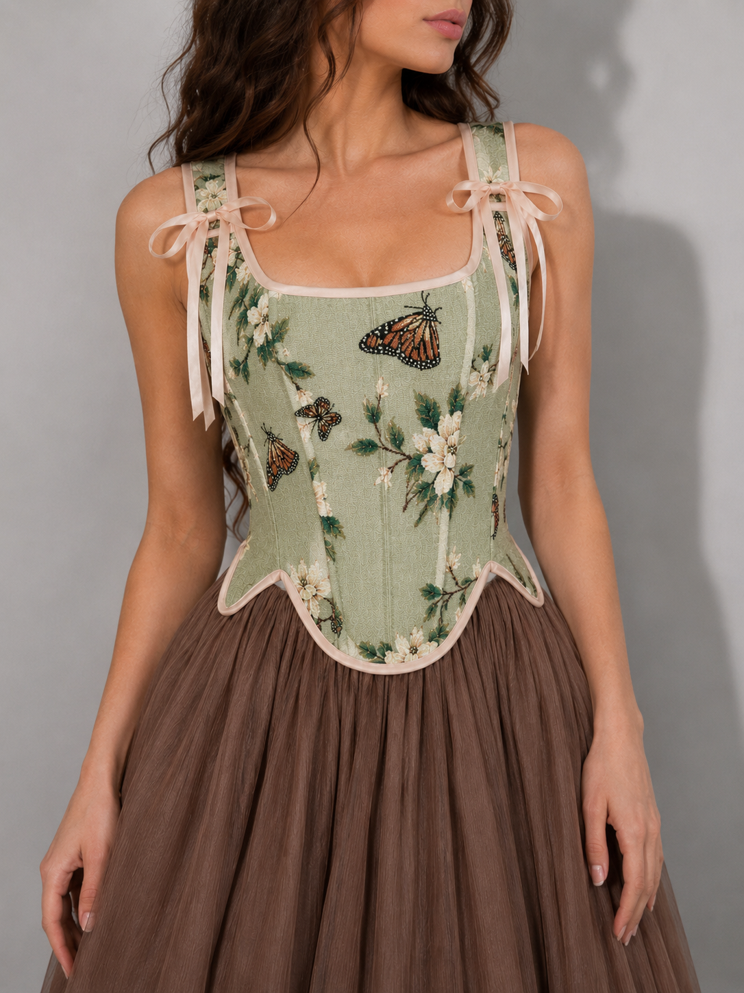 Green Women Floral Jacquard Lace Up corset with floral and butterfly design. Waist trimmer, fairy core, woodland party, steam punk.
