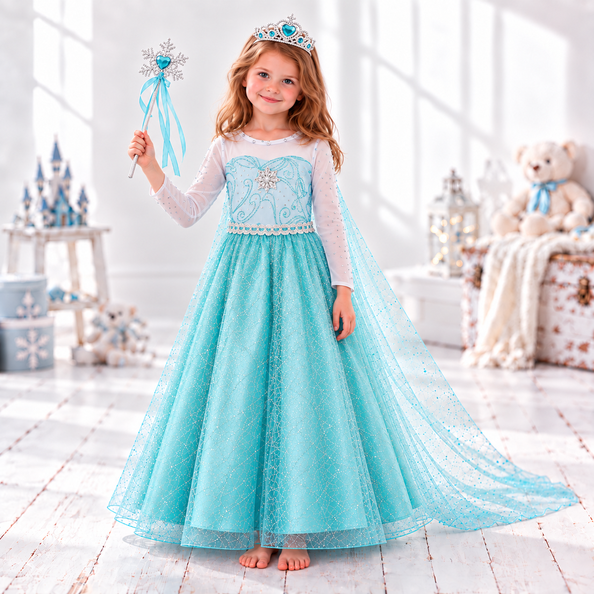 Elsa Inspired Ice Princess Dress for Girls, Sparkling Blue Frozen Costume with Flowing Cape