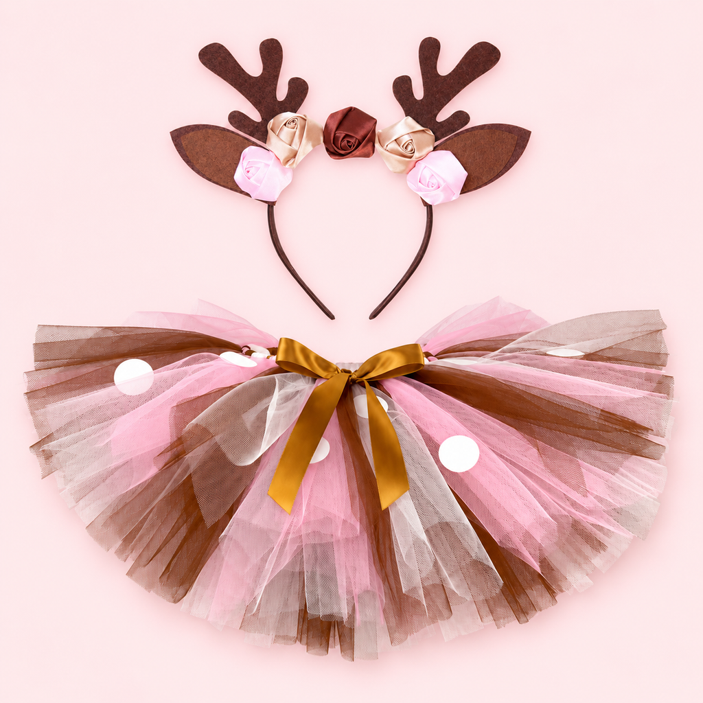 Girls’ Reindeer Tutu & Antler Headband Set | Pink Christmas Costume