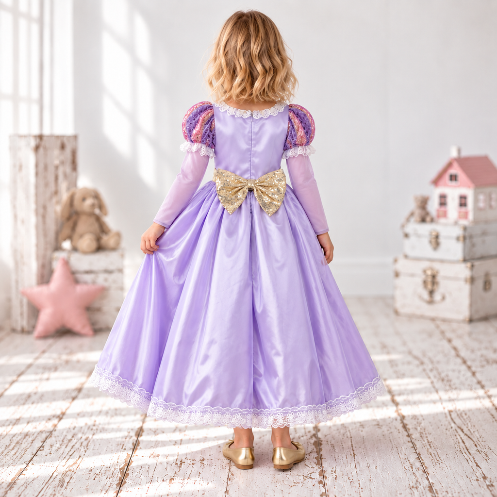 Back view of a lavender girls’ princess costume with patterned puff sleeves, long sleeves, a centre zip, full satin-look skirt, white lace-trimmed hem and a large gold sequin bow at the waist.
