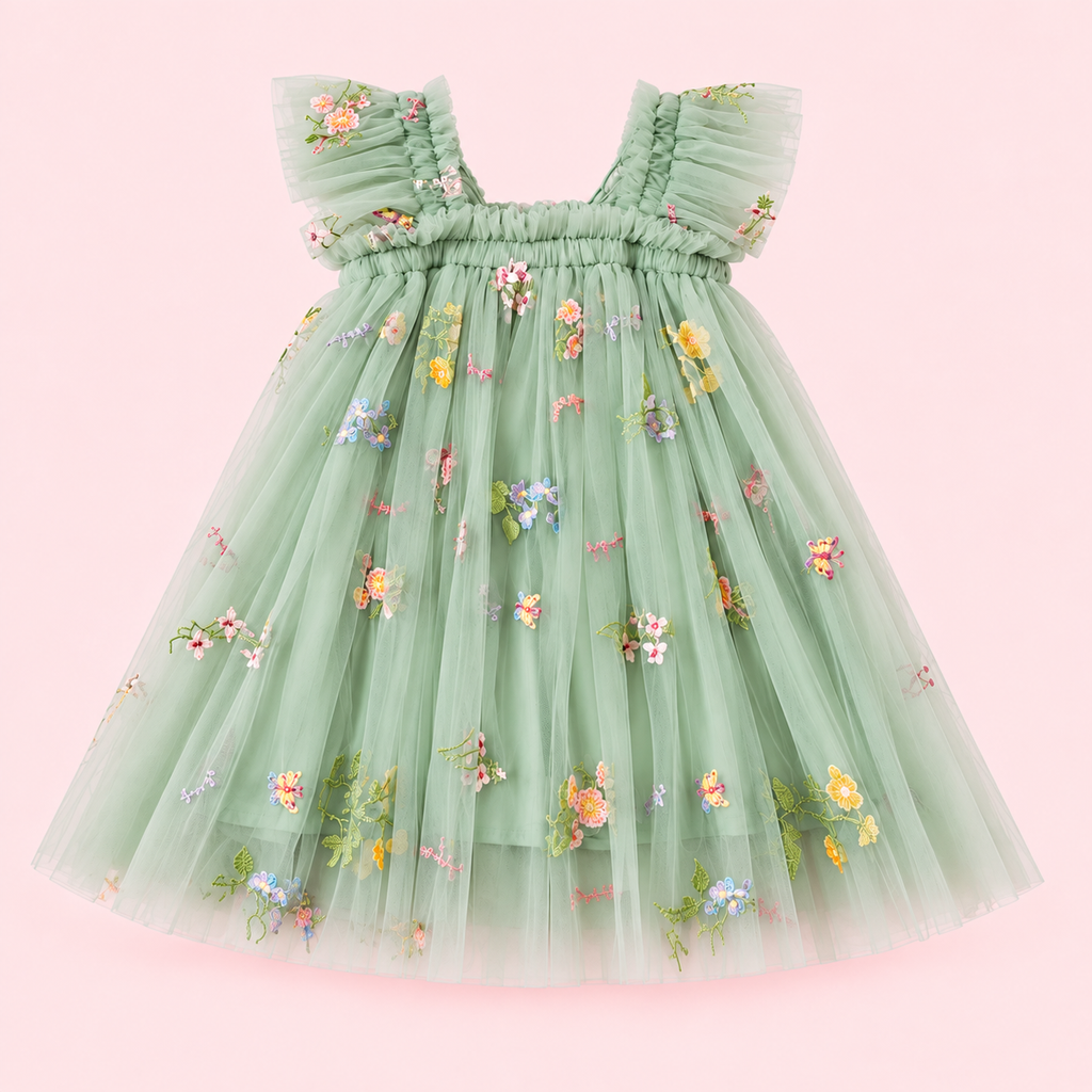 Enchanting Forest Fairy Dress for Girls | Sage Green Embroidered Tulle Dress with Butterfly Wings.