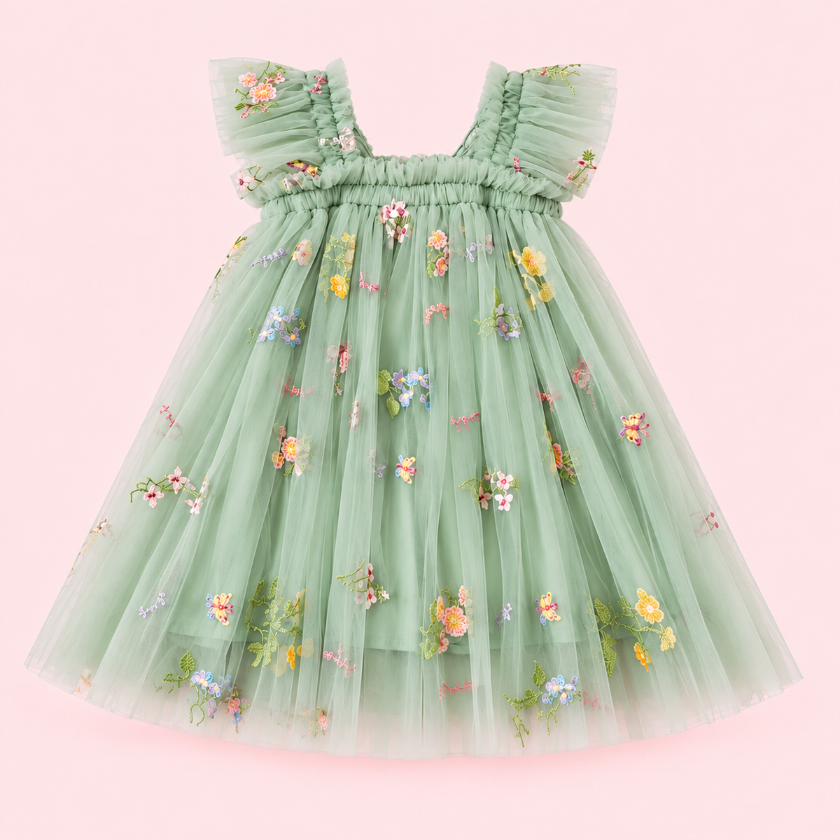 Enchanting Forest Fairy Dress for Girls | Sage Green Embroidered Tulle Dress with Butterfly Wings.