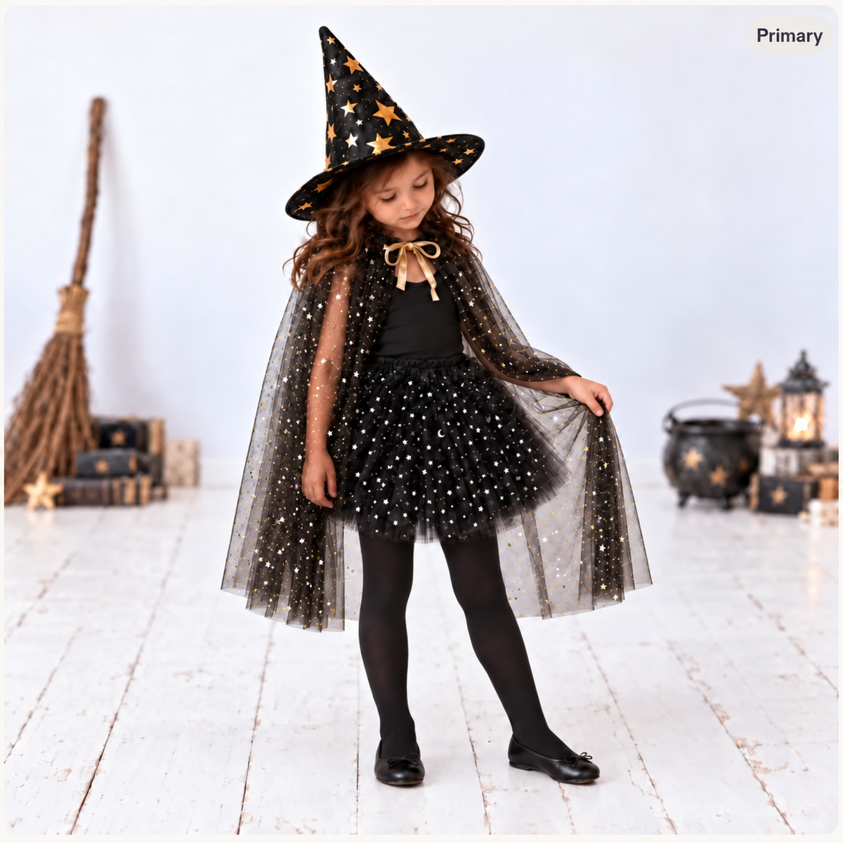 Boys and Girl’s Starry Witch and Wizard Costume Set | Black Tulle Tutu & Gold Star Cloak