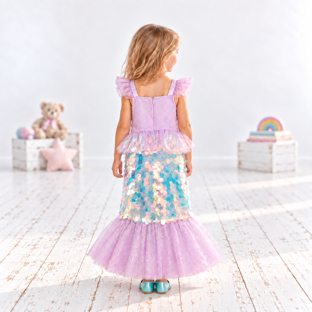 Girls mermaid costume dress in pastel lilac, aqua and pink, with flutter sleeves, an iridescent bodice and waist ruffle, large shimmering turquoise and pearlescent sequins covering the long skirt, and a wide lilac glitter tulle fishtail hem creating a classic mermaid tail shape.