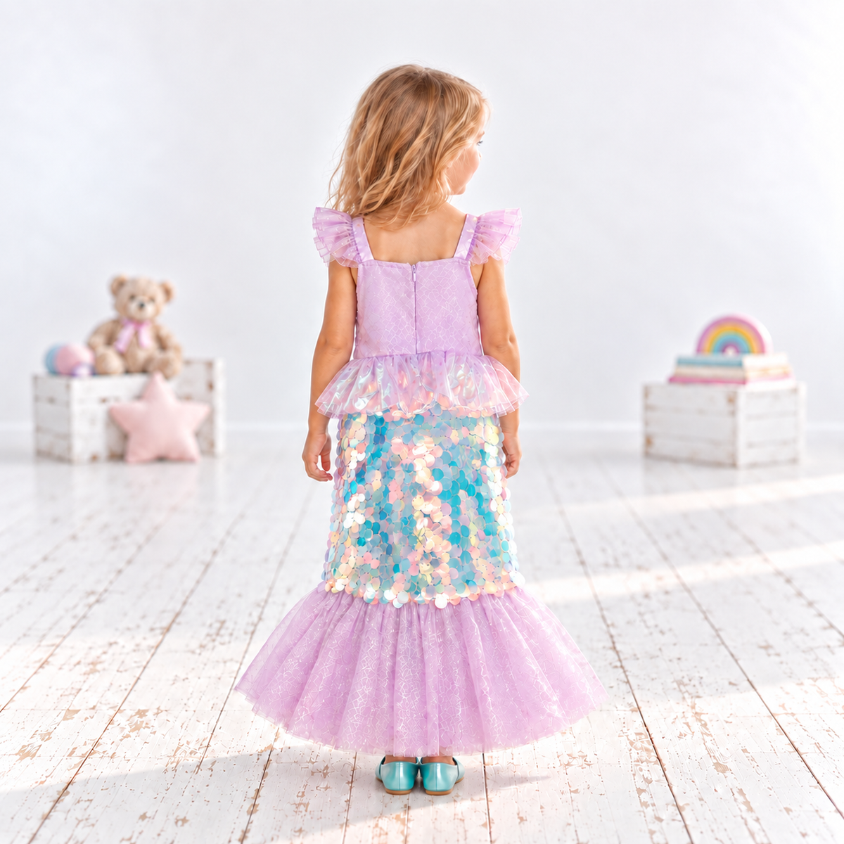 Girls mermaid costume dress in pastel lilac, aqua and pink, with flutter sleeves, an iridescent bodice and waist ruffle, large shimmering turquoise and pearlescent sequins covering the long skirt, and a wide lilac glitter tulle fishtail hem creating a classic mermaid tail shape.