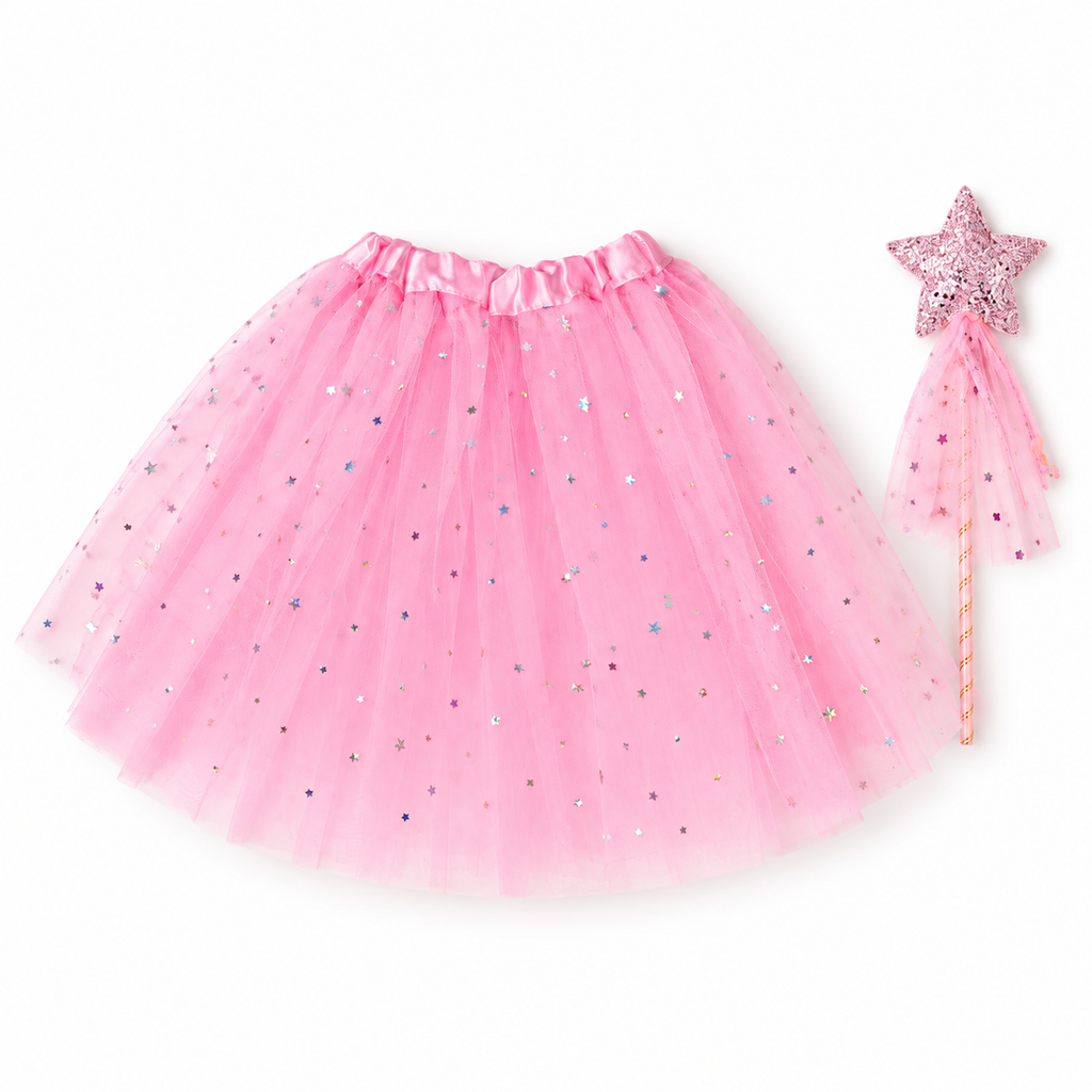 Girls’ Pastel Fairy Wings, Pink Star Tutu & Wand, Butterfly Fairy Dress-Up Set