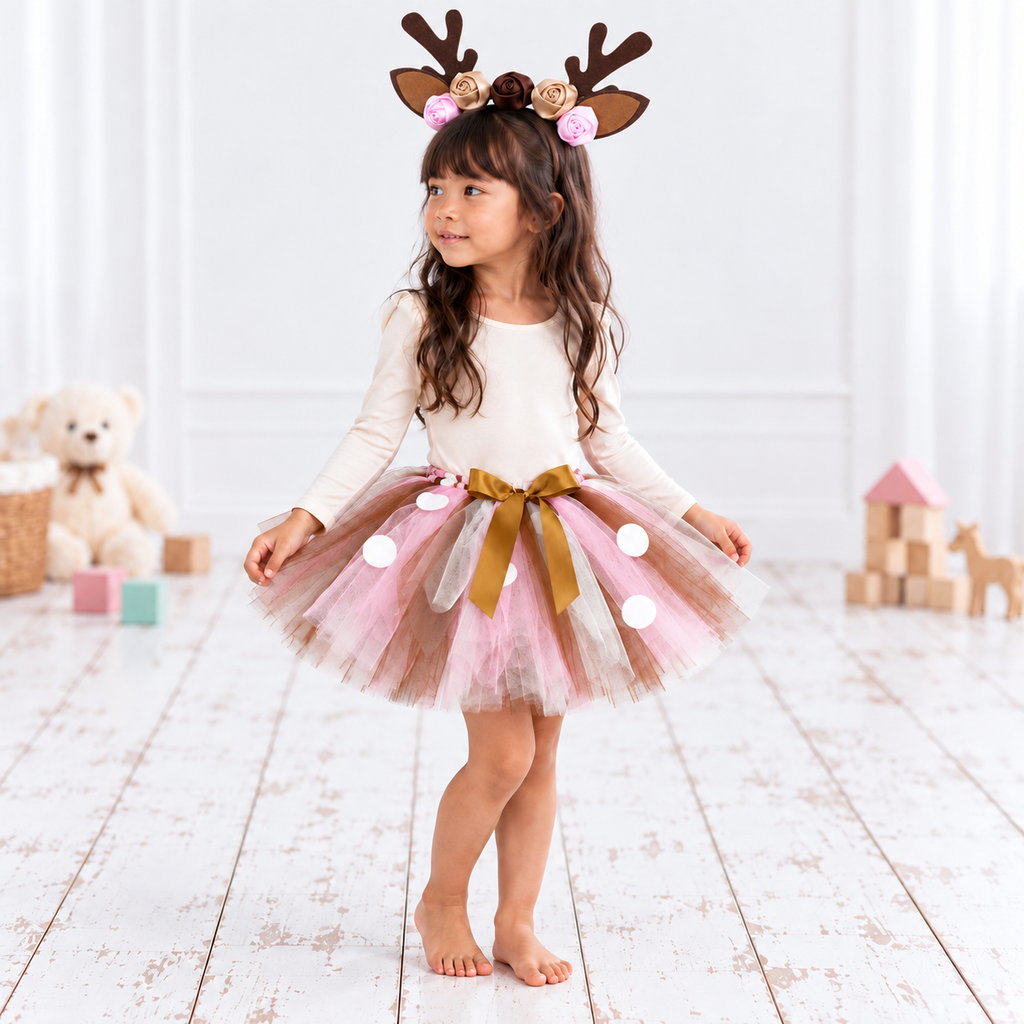 Girls’ Reindeer Tutu & Antler Headband Set | Pink Christmas Costume