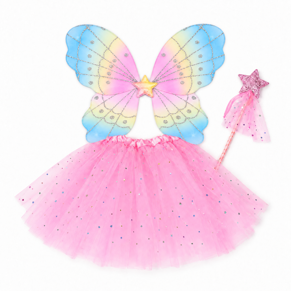 Girls’ Pastel Fairy Wings, Pink Star Tutu & Wand, Butterfly Fairy Dress-Up Set