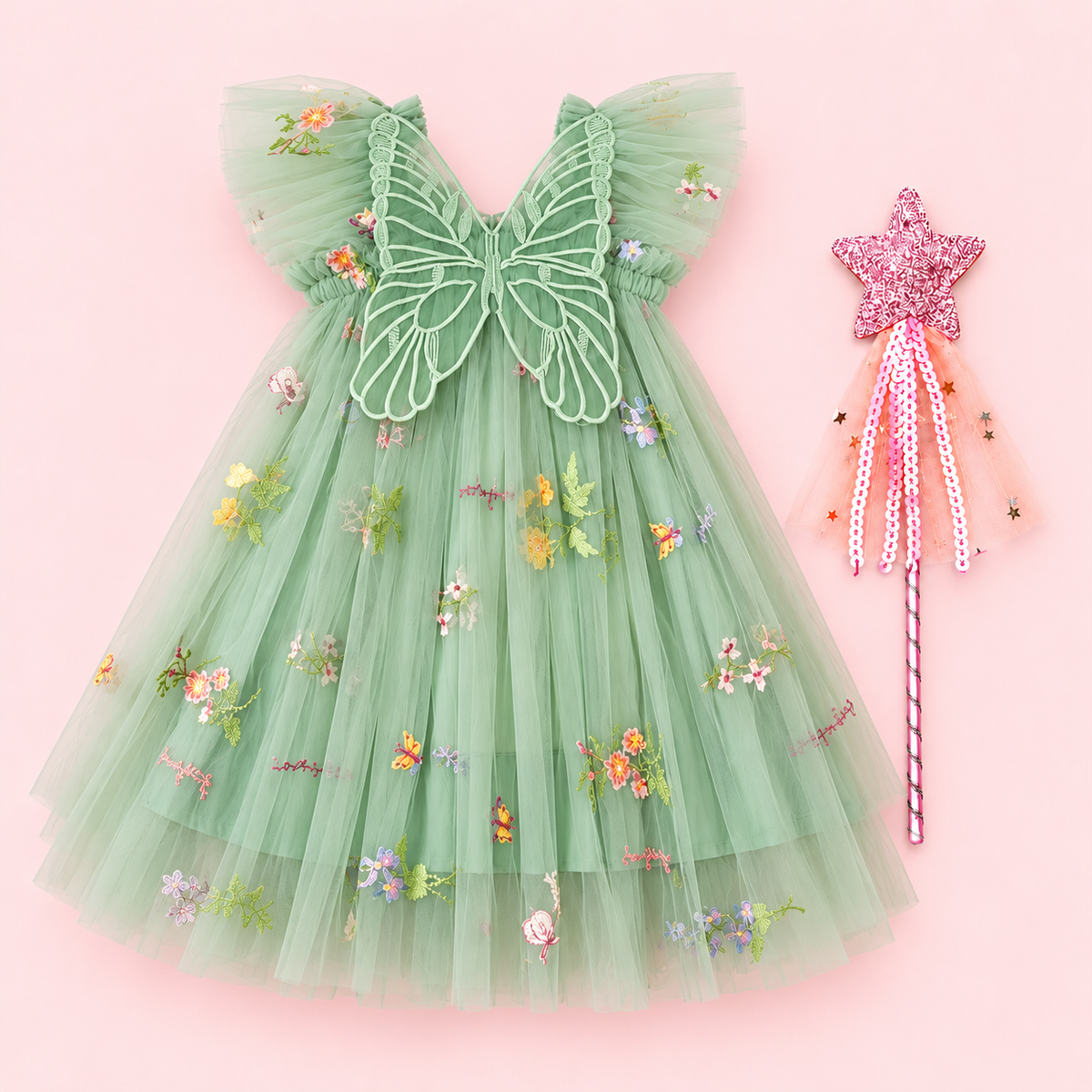 Enchanting Forest Fairy Dress for Girls | Sage Green Embroidered Tulle Dress with Butterfly Wings.