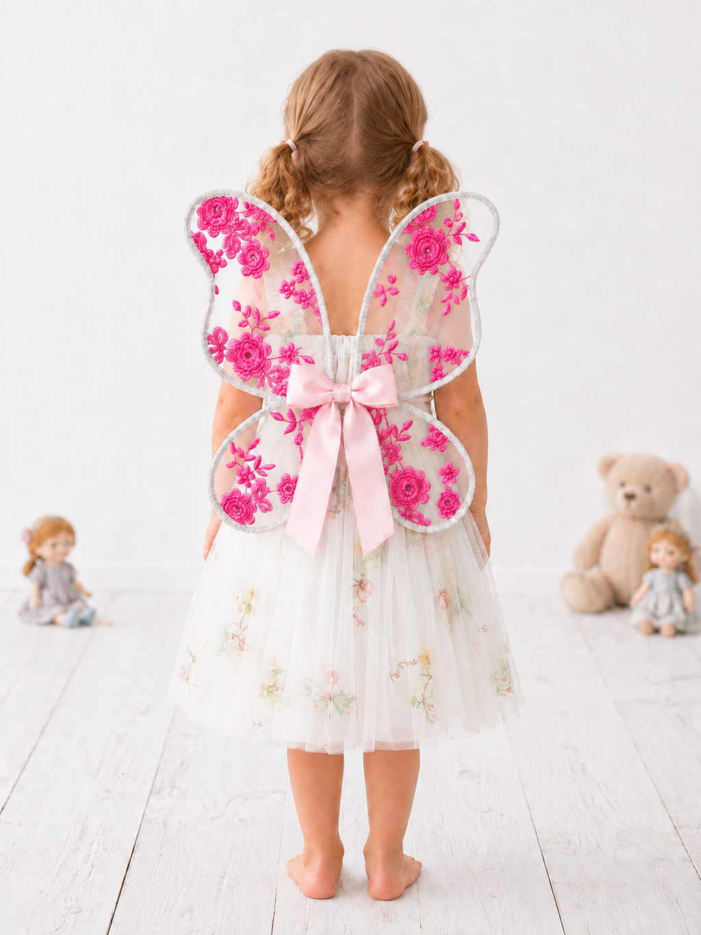 Cerise Pink Embroidered Floral Fairy Wings for Children