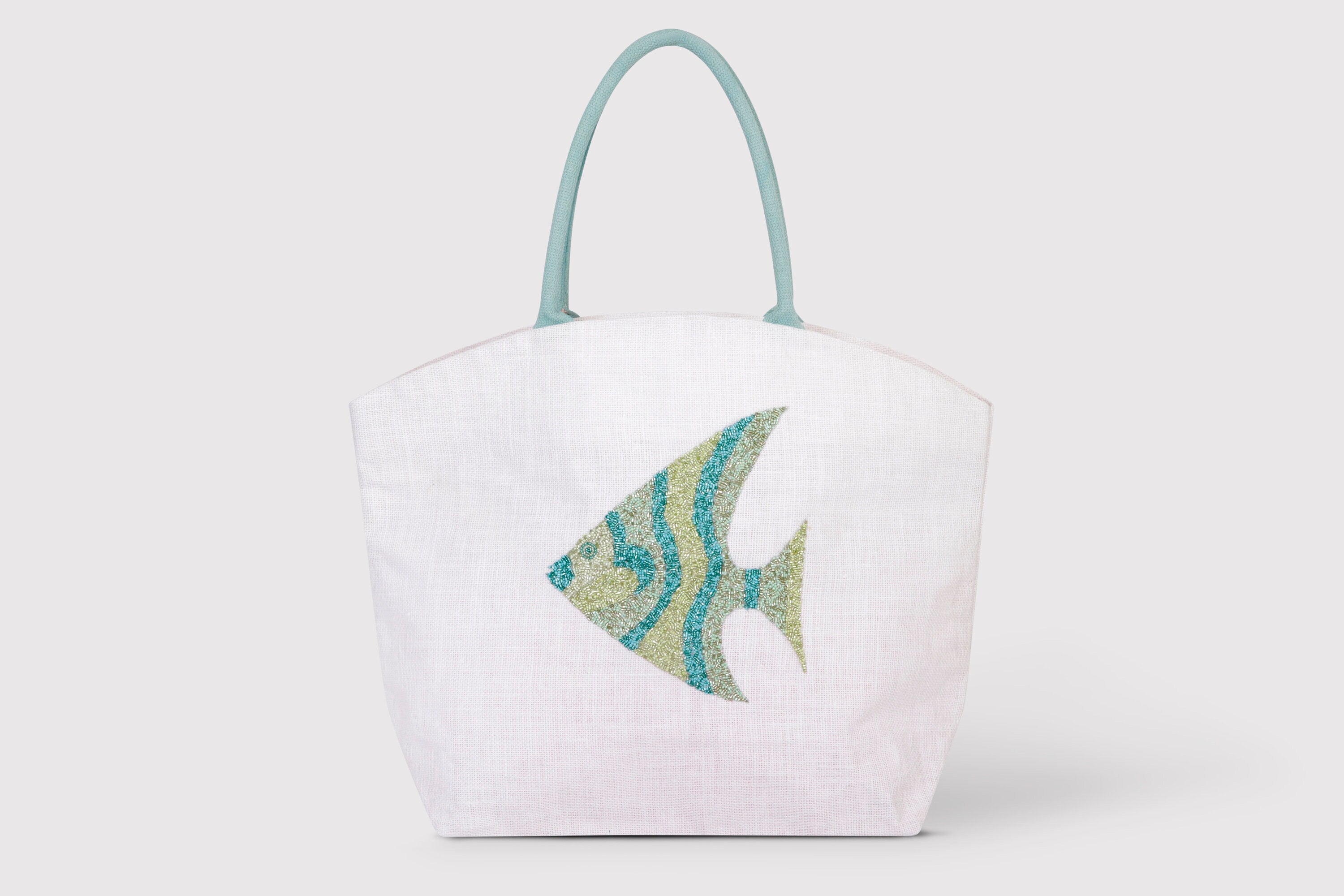 Beautiful beaded fish decoration on large jute top handle bag, shopping bag, jute bag, re useable bag, eco