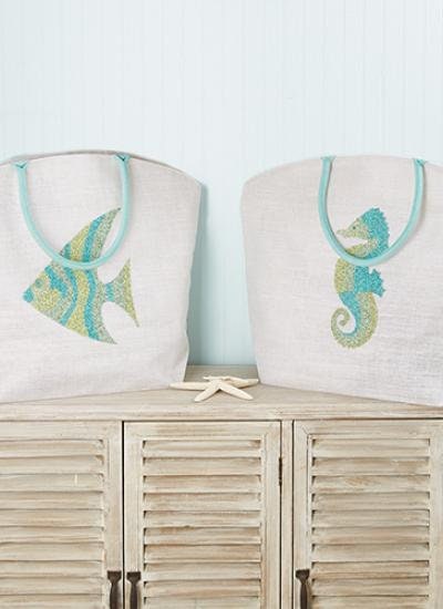 Pretty Beaded Seahorse  Design on large Jute Bag, re useable bag, sustainable fashion, beach bag, shopping bag