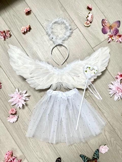 Pretty Angel Costume with white feather Angel Wings, Tulle Tutu, Halo, Heart shaped Wand, for events and parties. By Wild Daisy