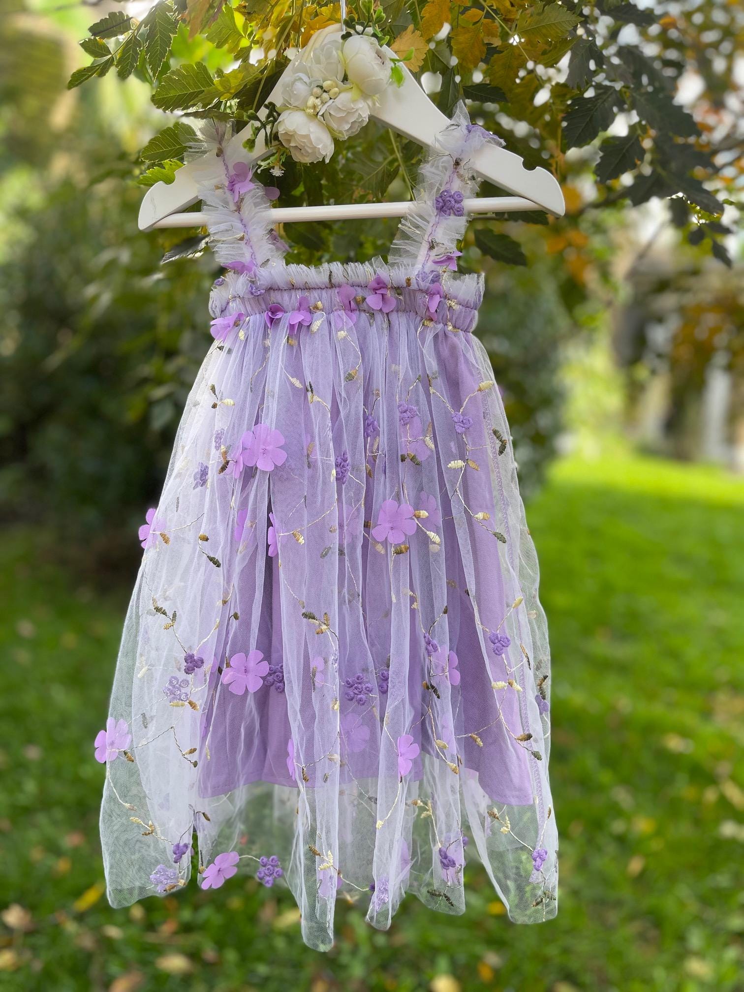 Purple flower embroidered girls' dress. Purple Tulle Dress, embroidered flowers, party dress, bridesmaid dress, flower girl dress.