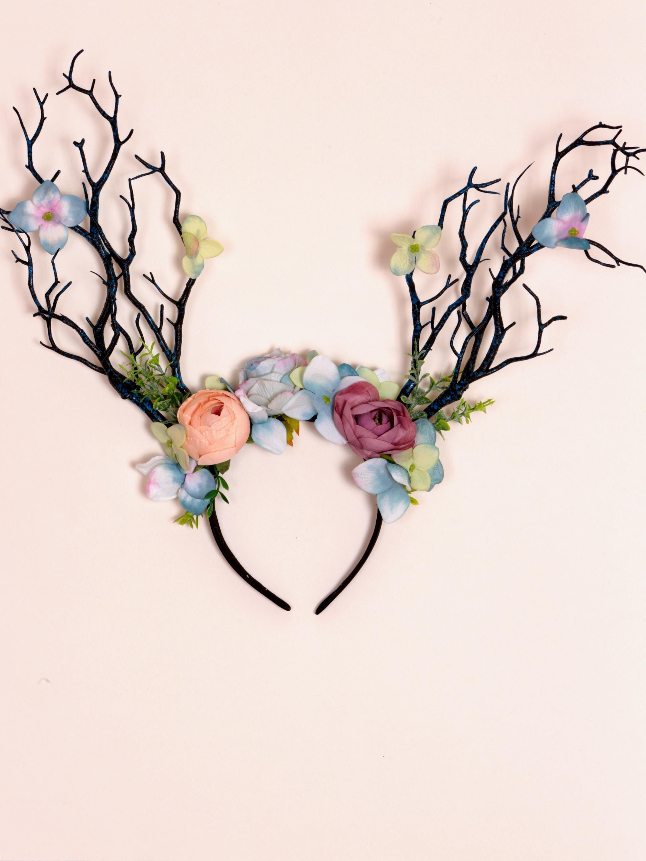 Fairy Crown. Black Fairy Deer antlers, Woodland Tiara, Forest Nymph Horns Crown. Romantic Bride headdress