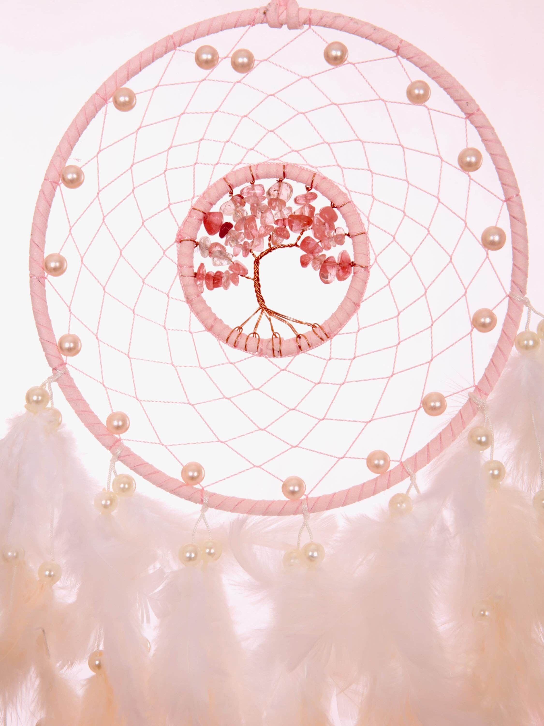 Dreamcatcher, Rose Quartz Crystal and Feather, Tree of Life, Sun catcher, Wiccan Gift, Quartz Crescent Moon Dreamcatchers