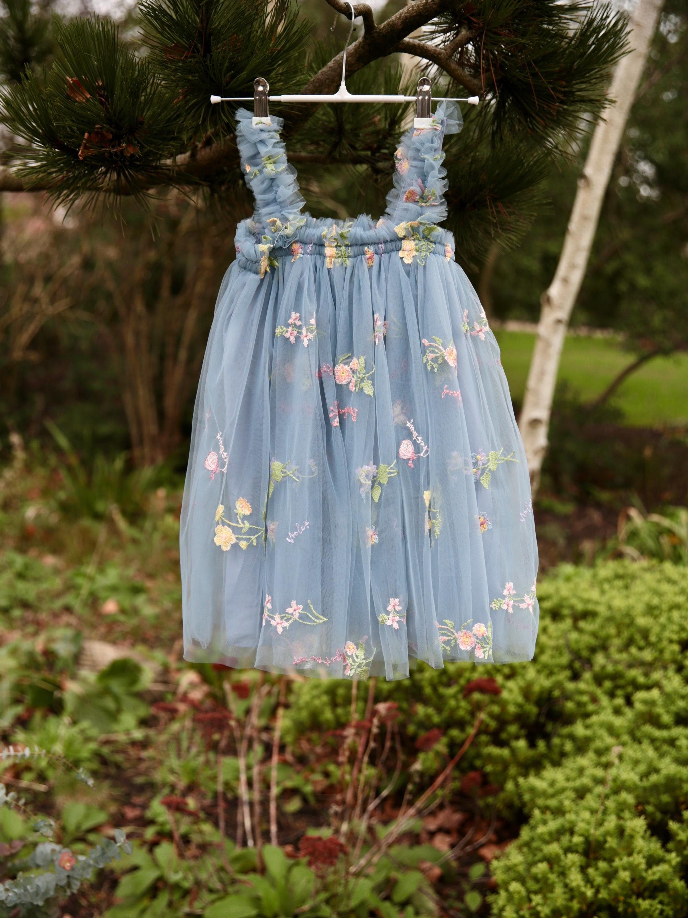 Petrol Blue Girls embroidered dress. Tulle dress, embroidered with flowers. Flower girl dress, cake smash, birthday dress