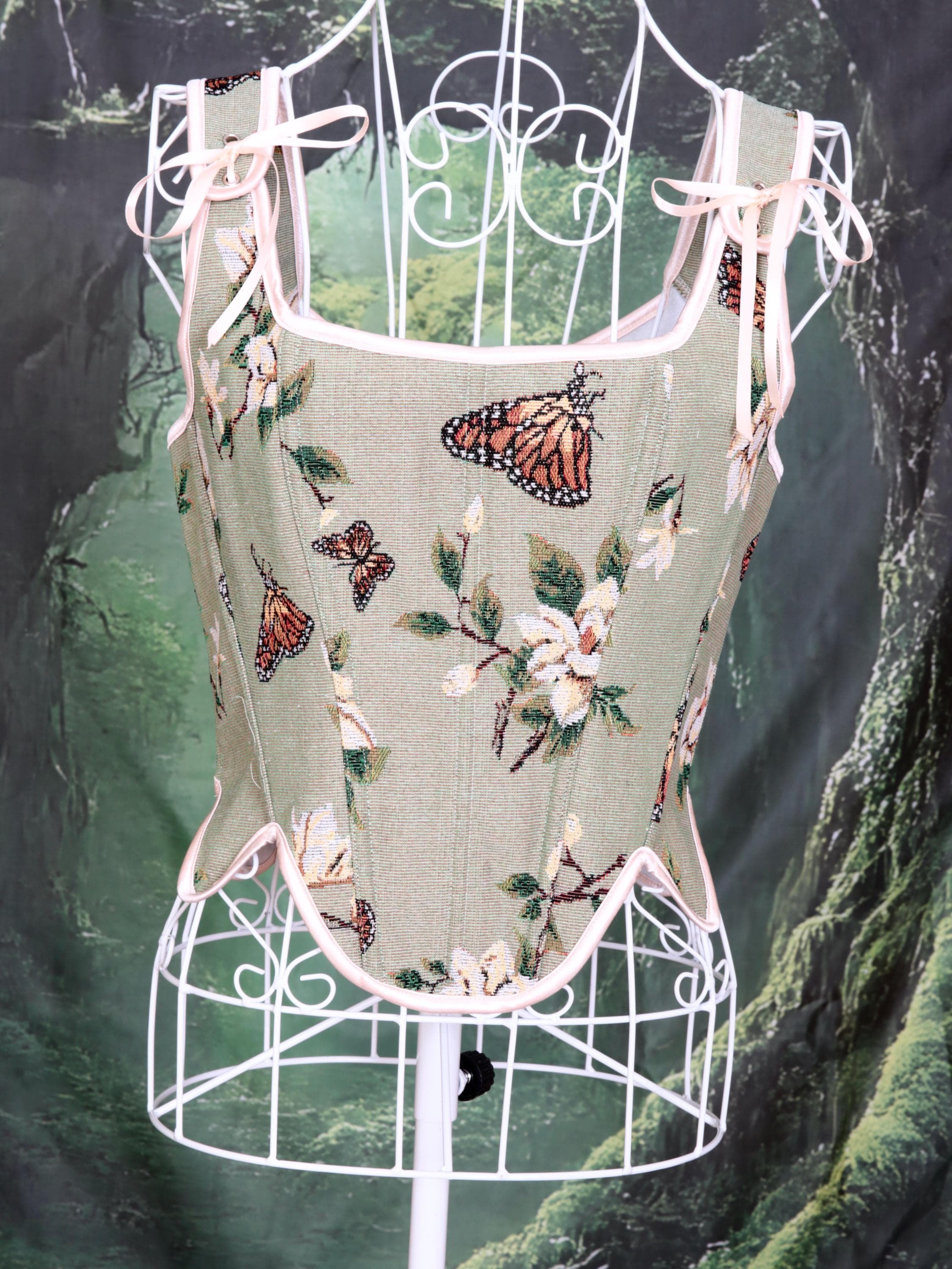 Green Women Floral Jacquard Lace Up corset with floral and butterfly design. Waist trimmer, fairy core, woodland party, steam punk.